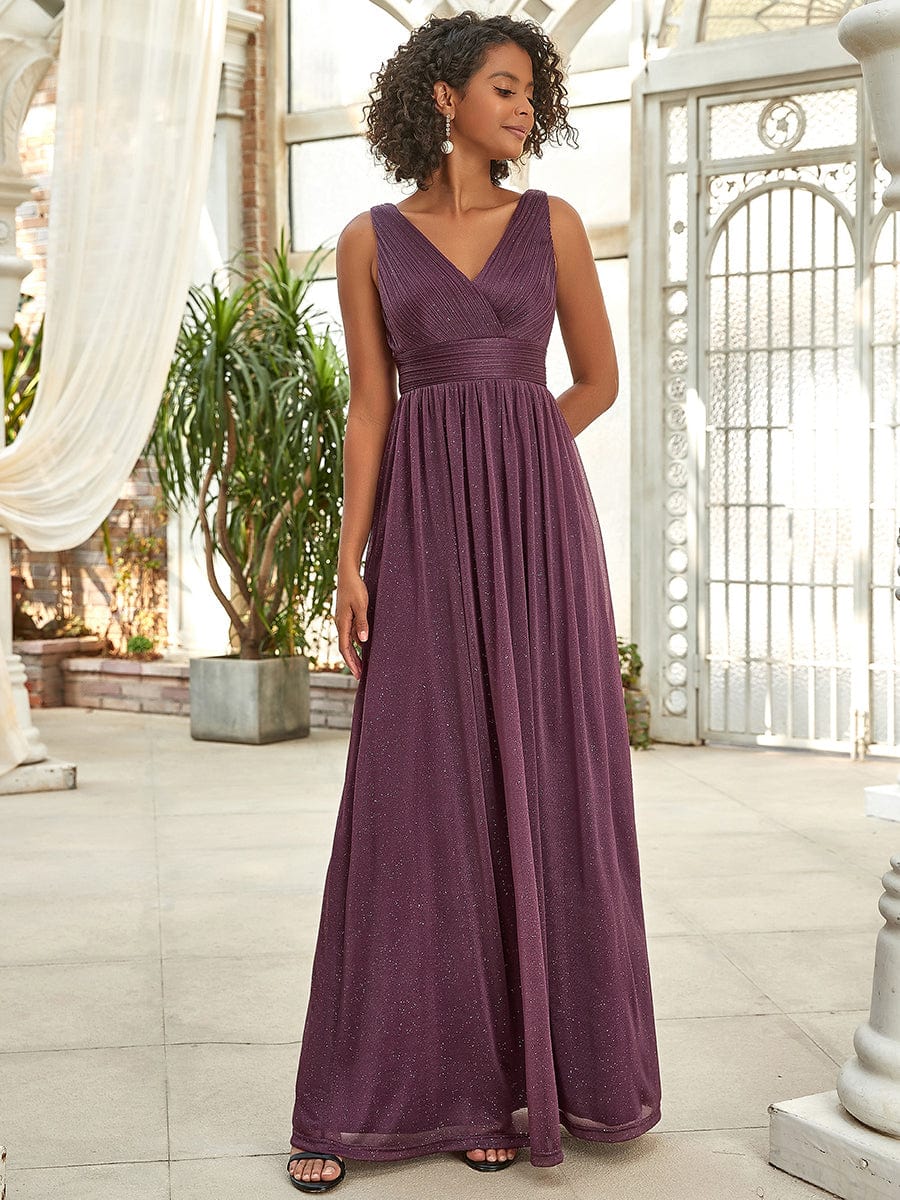 Maxi Double V Neck Floor Length Sparkly Wedding Guest Dress #color_Dark Purple