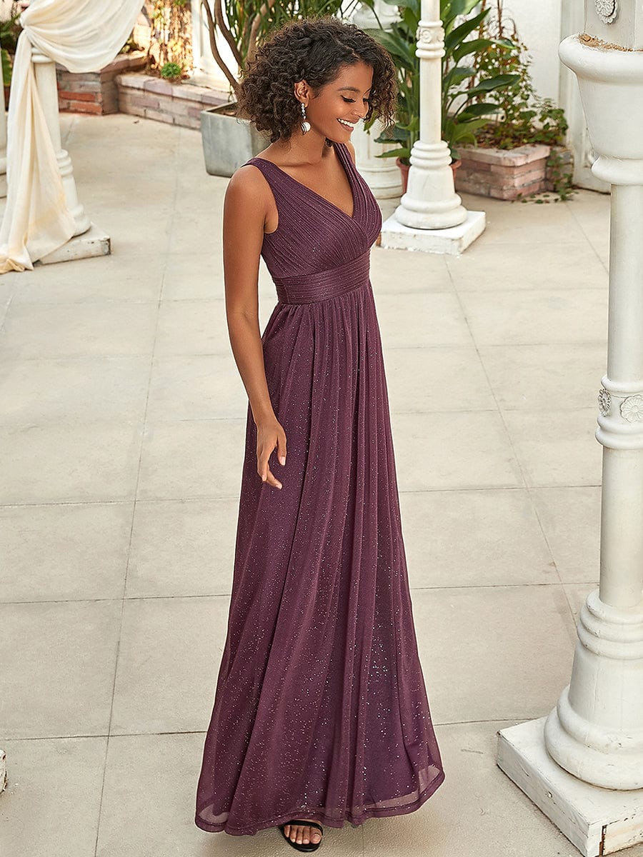 Maxi Double V Neck Floor Length Sparkly Wedding Guest Dress #color_Dark Purple