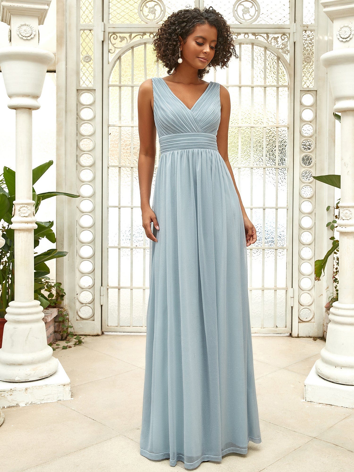 Maxi Double V Neck Floor Length Sparkly Wedding Guest Dress #color_Mist