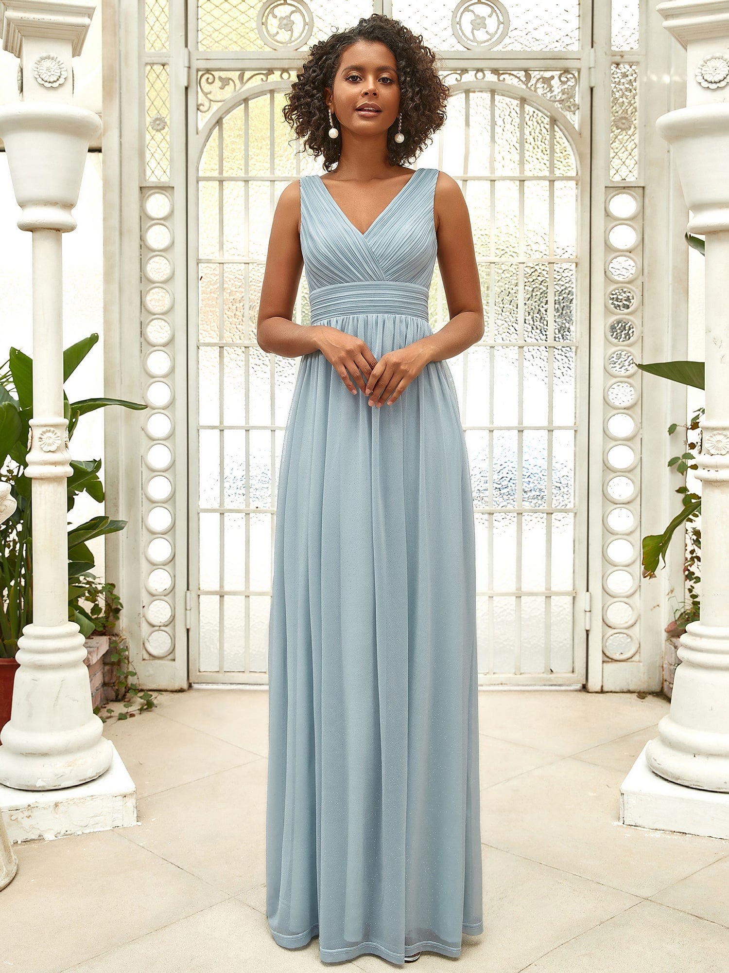 Maxi Double V Neck Floor Length Sparkly Wedding Guest Dress #color_Mist