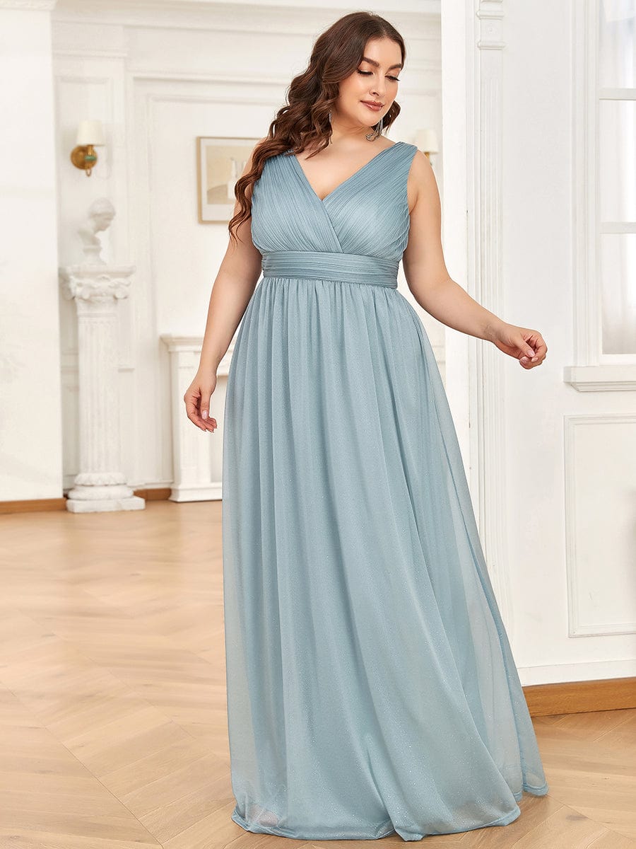 Maxi Double V Neck Floor Length Sparkly Wedding Guest Dress #color_Mist