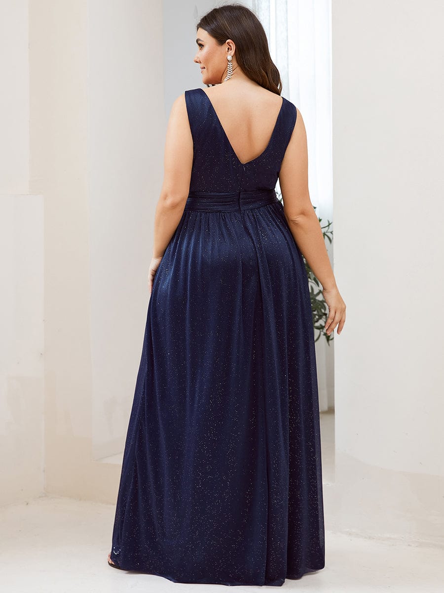 Double V Neck Maxi Long Plus Size Sparkly Evening Dresses for Party #color_Navy Blue