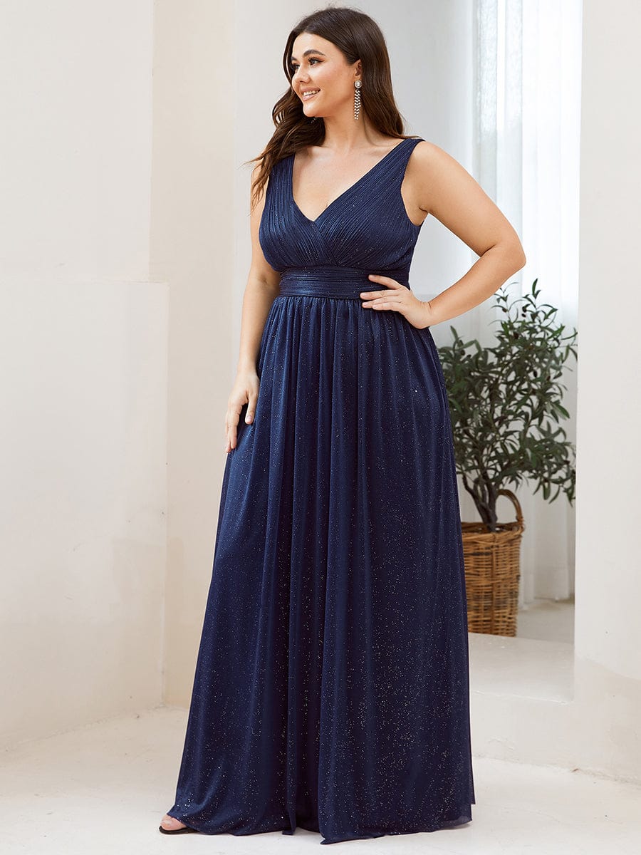 Double V Neck Maxi Long Plus Size Sparkly Evening Dresses for Party #color_Navy Blue