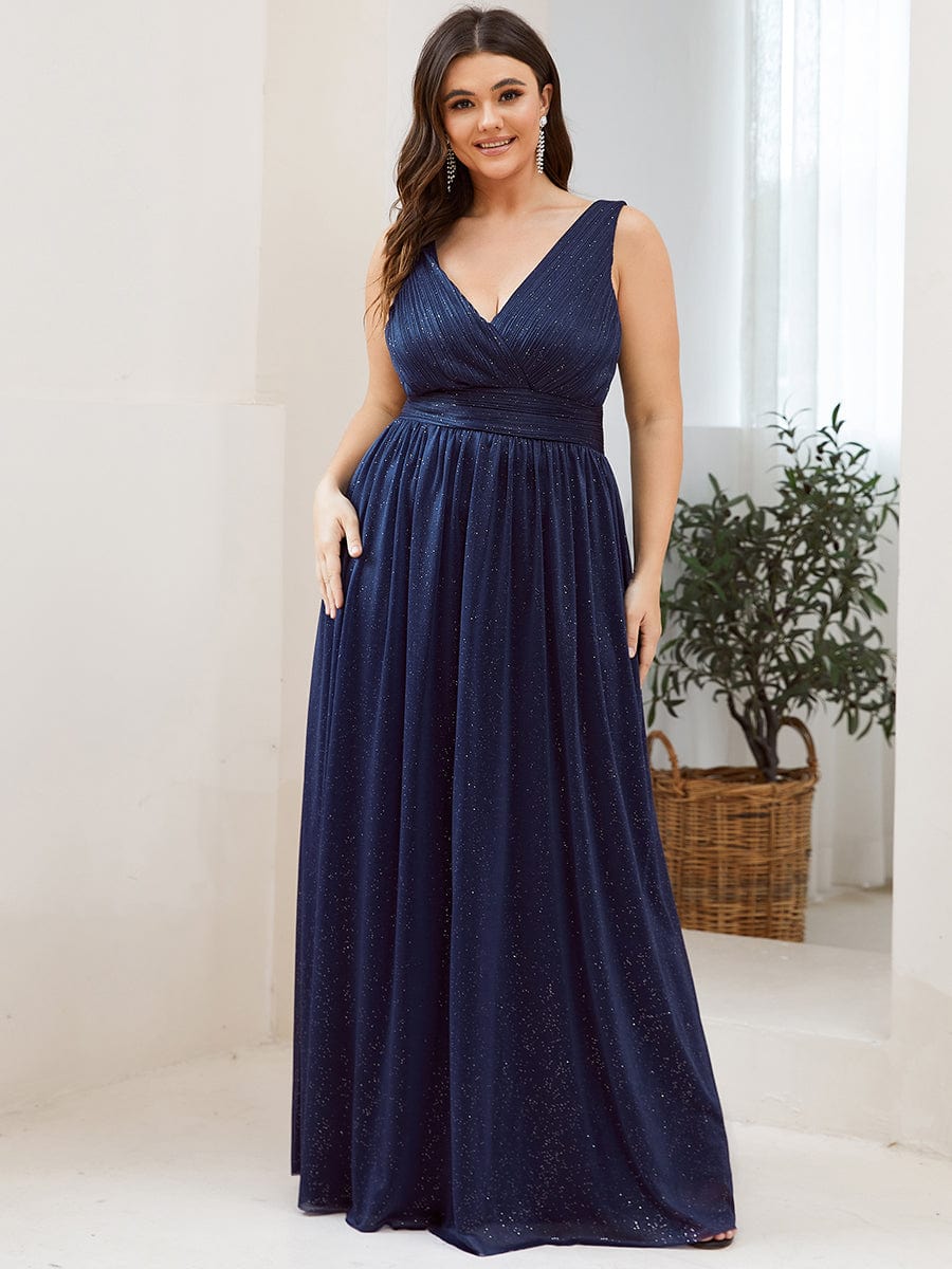 Double V Neck Maxi Long Plus Size Sparkly Evening Dresses for Party #color_Navy Blue