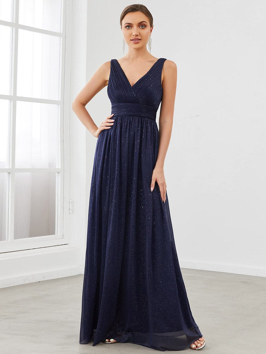 Custom Size Double V Neck Floor Length Sparkly Evening Dresses for Party #color_Navy Blue