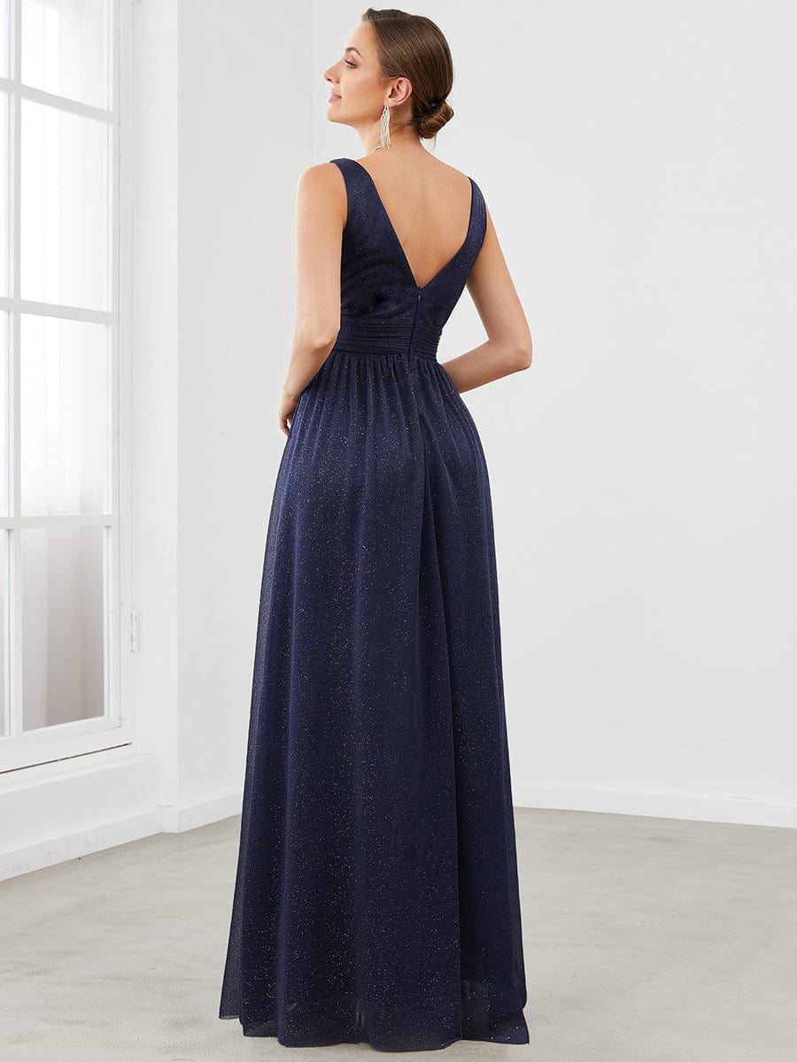 Maxi Double V Neck Floor Length Sparkly Wedding Guest Dress #color_Navy Blue