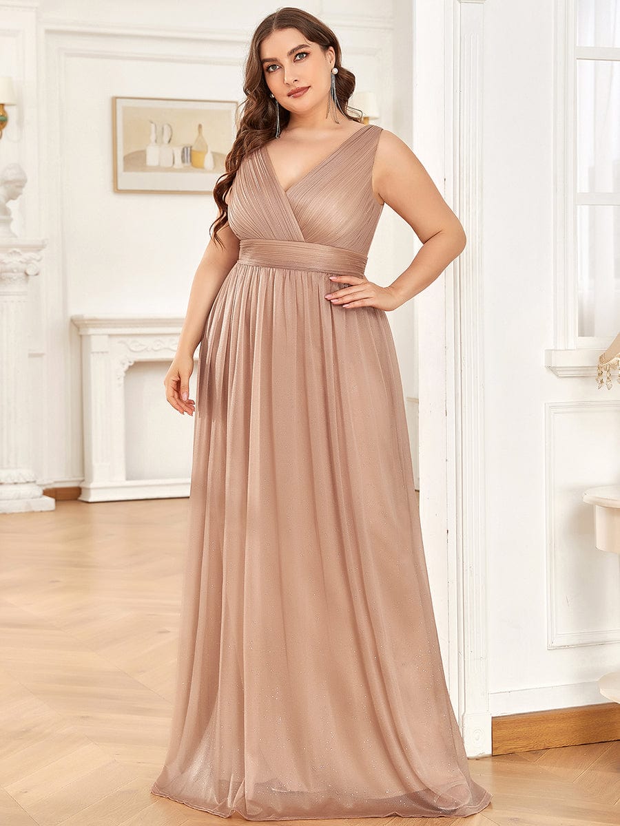 Double V Neck Maxi Long Plus Size Sparkly Evening Dresses for Party #color_Rose Gold