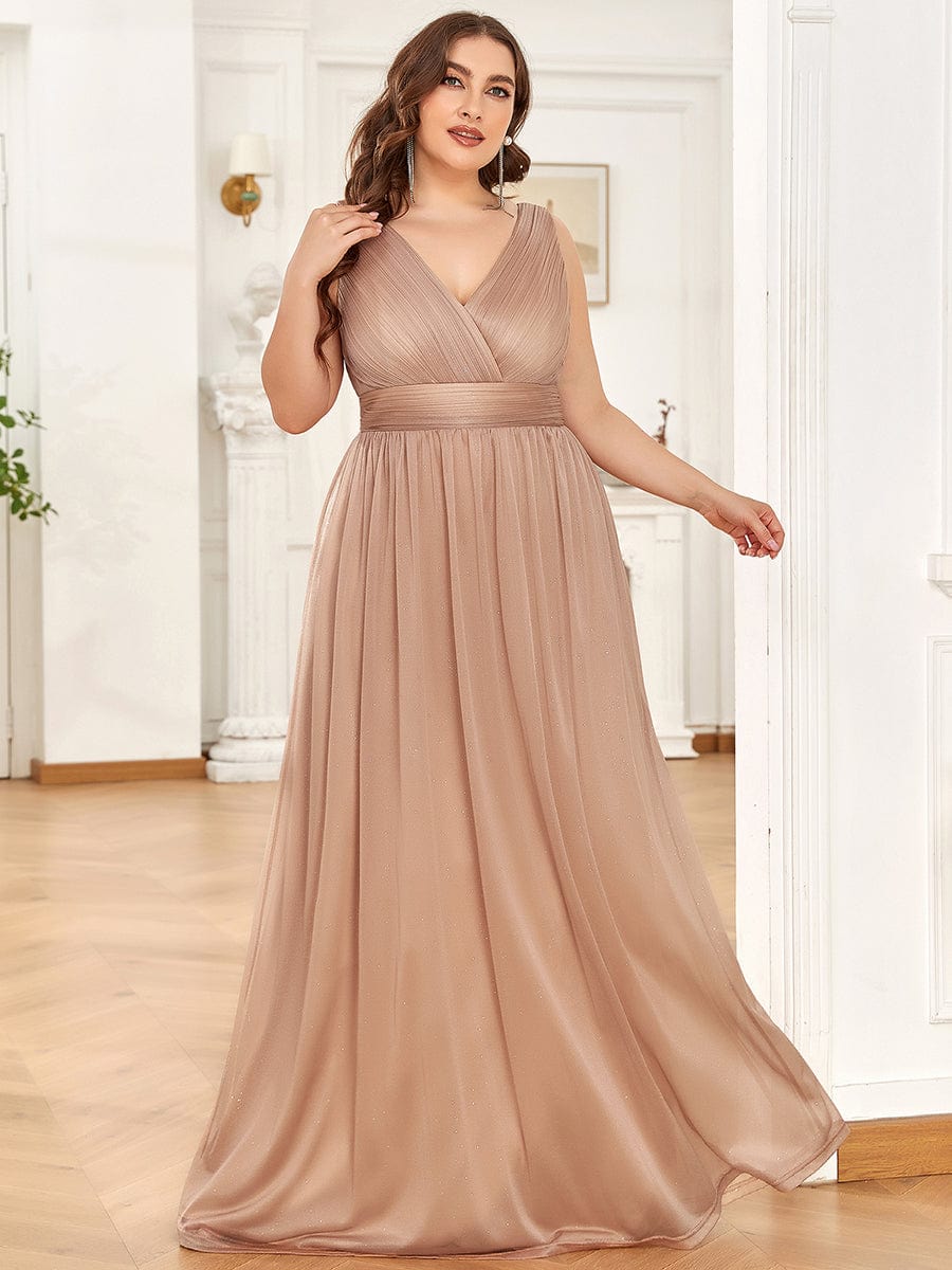 Maxi Double V Neck Floor Length Sparkly Wedding Guest Dress #color_Rose Gold