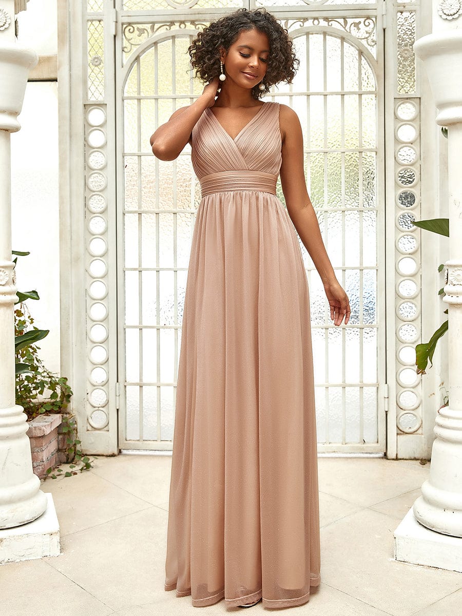 Custom Size Double V Neck Floor Length Sparkly Evening Dresses for Party #color_Rose Gold