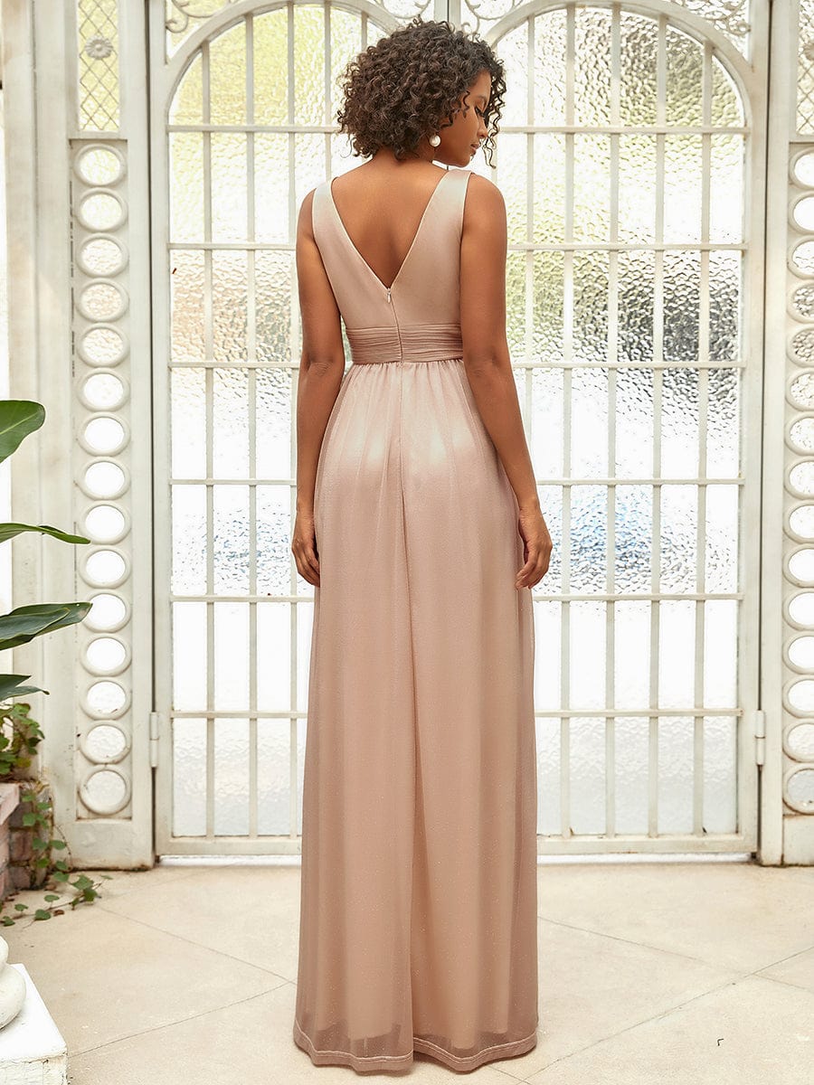 Maxi Double V Neck Floor Length Sparkly Wedding Guest Dress #color_Rose Gold