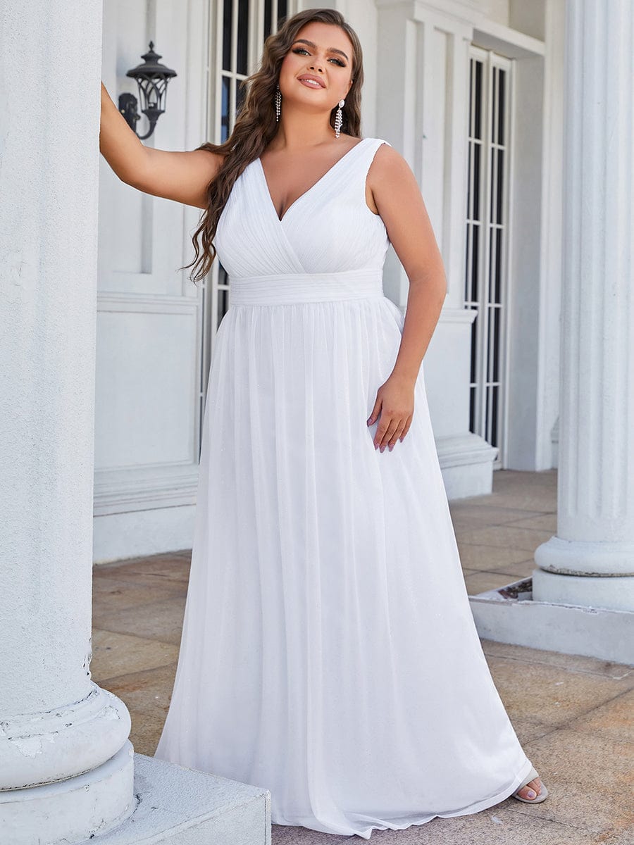 Double V Neck Maxi Long Plus Size Sparkly Evening Dresses for Party #color_White