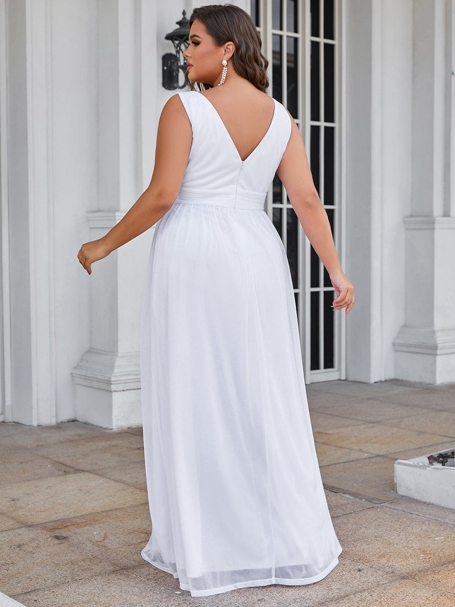 Maxi Double V Neck Floor Length Sparkly Wedding Guest Dress #color_White