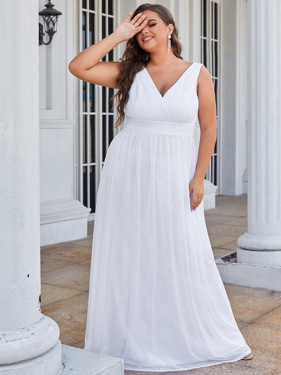 Double V Neck Maxi Long Plus Size Sparkly Evening Dresses for Party #color_White