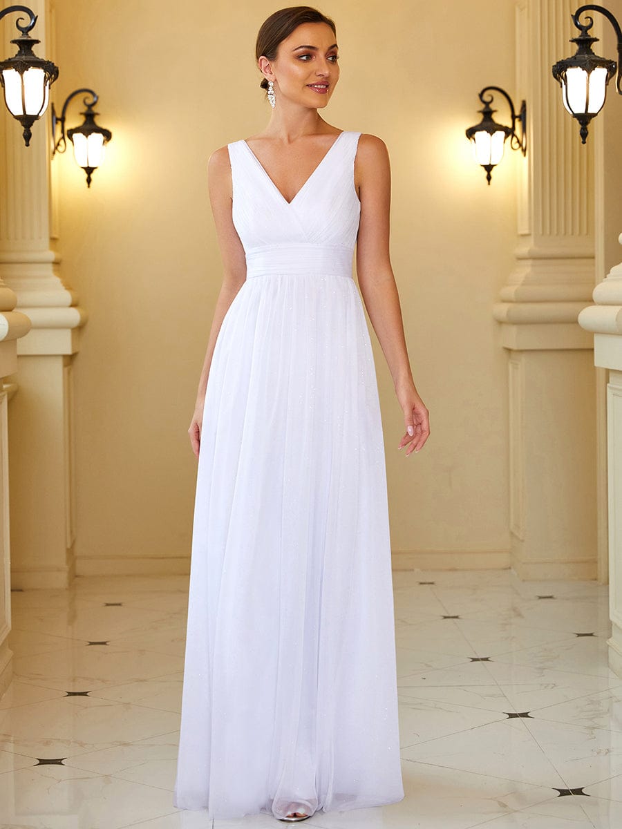 Maxi Double V Neck Floor Length Sparkly Wedding Guest Dress #color_White