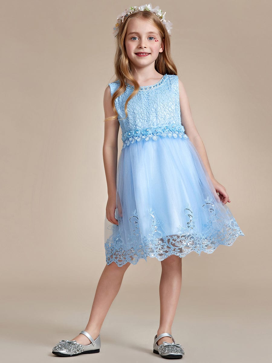 Beaded Lace Applique Sleeveless Flower Girl Dress With Back Bow-Knot #color_Sky Blue