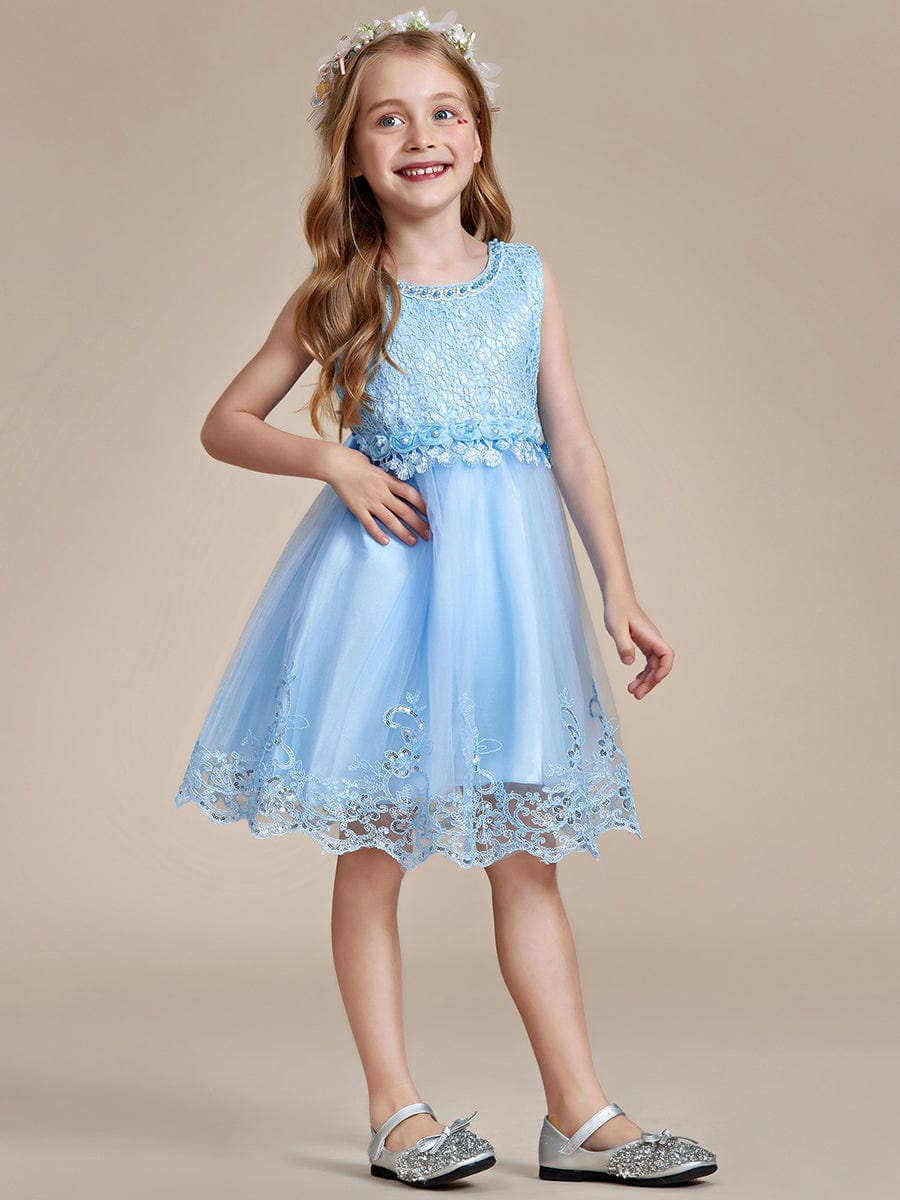 Beaded Lace Applique Sleeveless Flower Girl Dress With Back Bow-Knot #color_Sky Blue