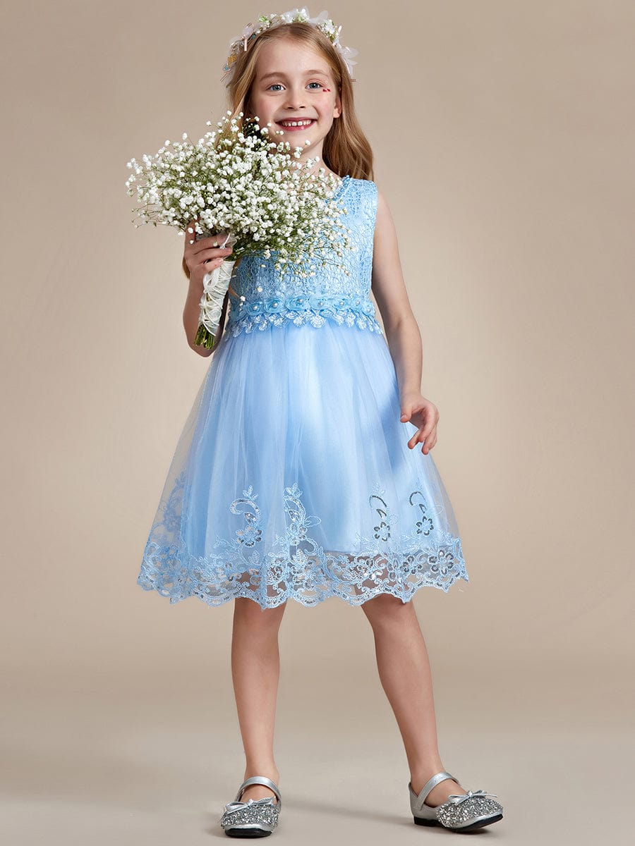 Beaded Lace Applique Sleeveless Flower Girl Dress With Back Bow-Knot #color_Sky Blue