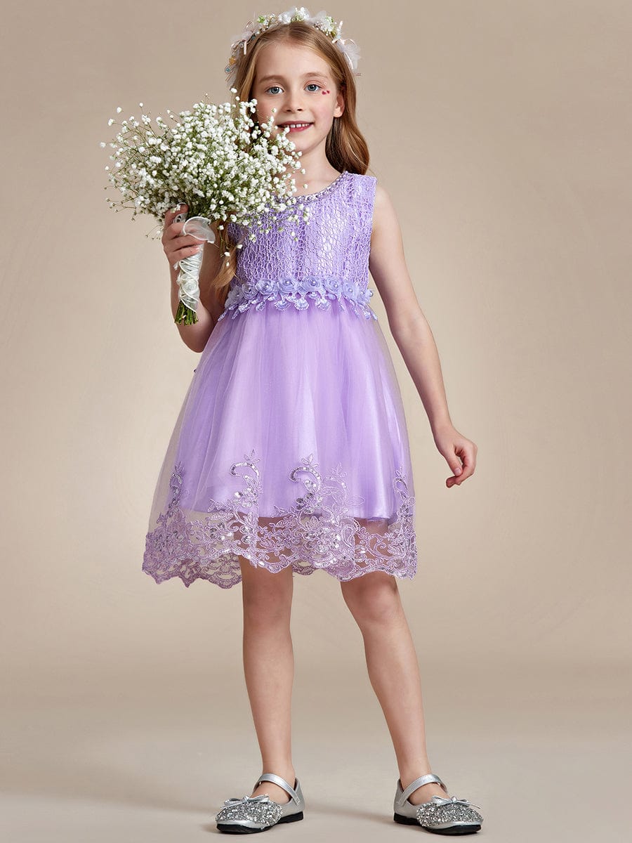 Beaded Lace Applique Sleeveless Flower Girl Dress With Back Bow-Knot #color_Dark Purple