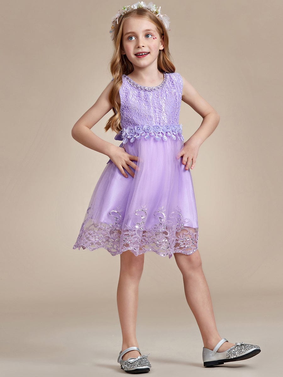 Beaded Lace Applique Sleeveless Flower Girl Dress With Back Bow-Knot #color_Dark Purple