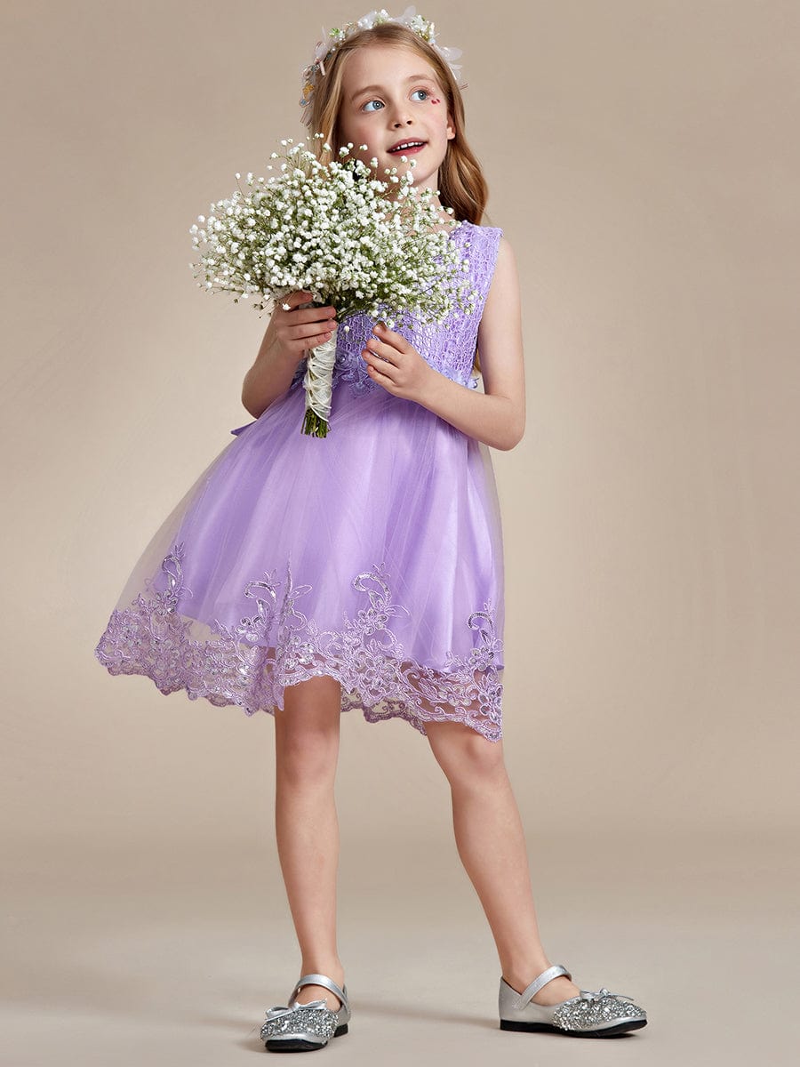 Beaded Lace Applique Sleeveless Flower Girl Dress With Back Bow-Knot #color_Dark Purple