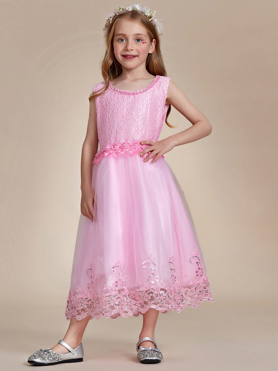 Beaded Lace Applique Sleeveless Flower Girl Dress With Back Bow-Knot #color_Pink