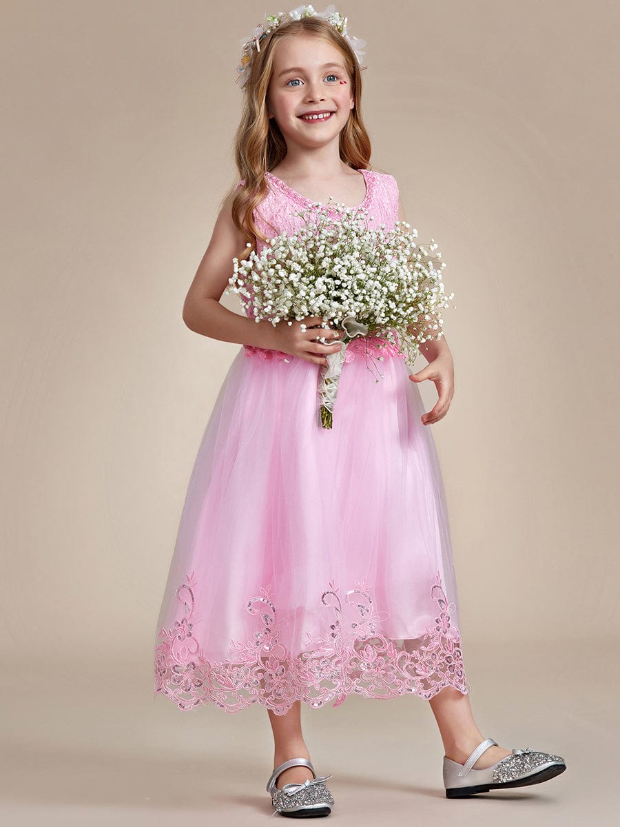 Beaded Lace Applique Sleeveless Flower Girl Dress With Back Bow-Knot #color_Pink