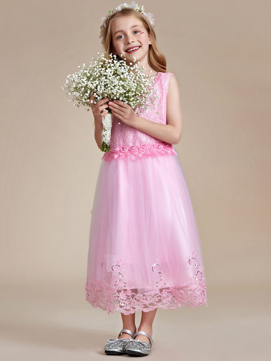 Beaded Lace Applique Sleeveless Flower Girl Dress With Back Bow-Knot #color_Pink