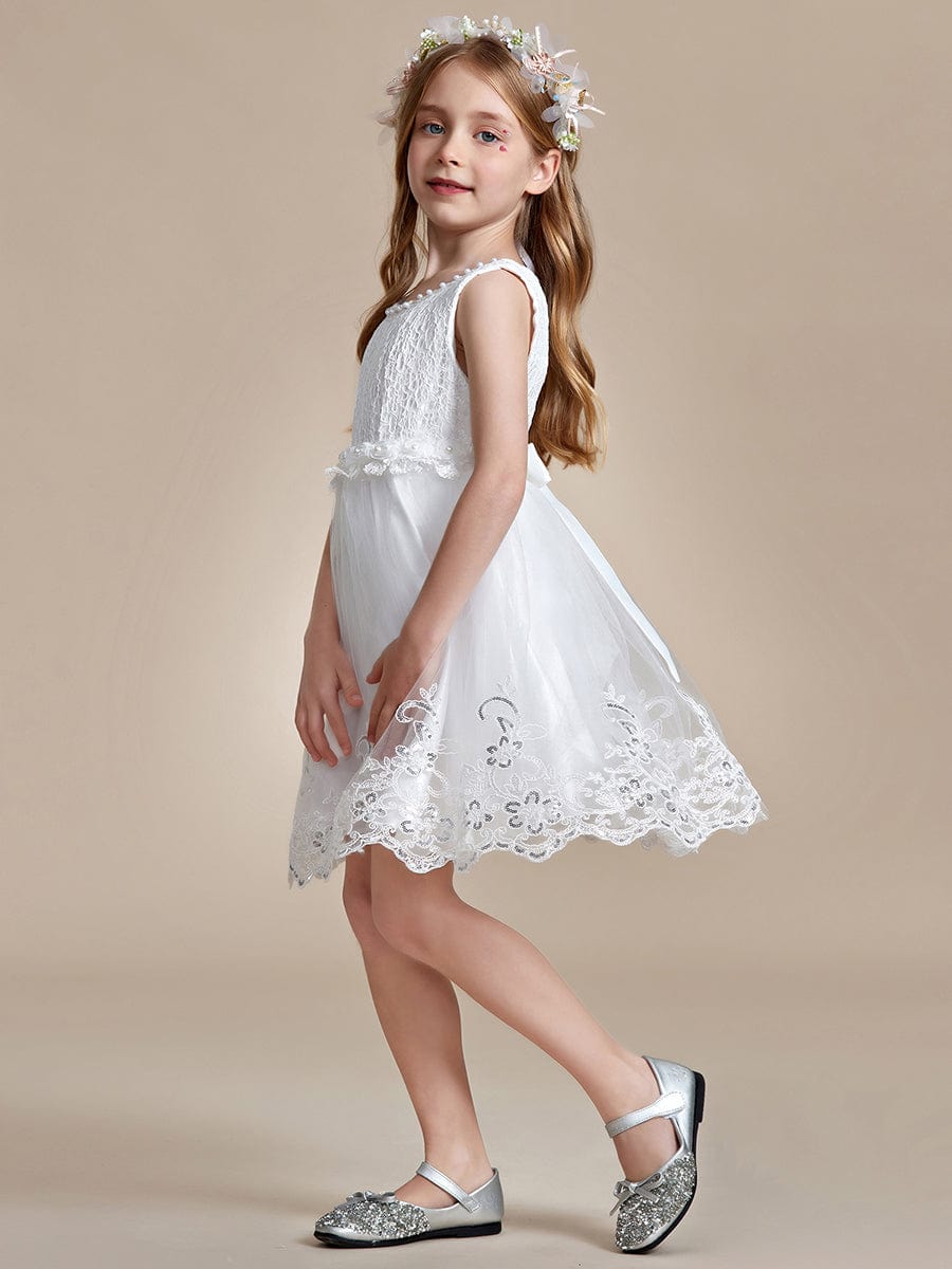 Beaded Lace Applique Sleeveless Flower Girl Dress With Back Bow-Knot #color_White