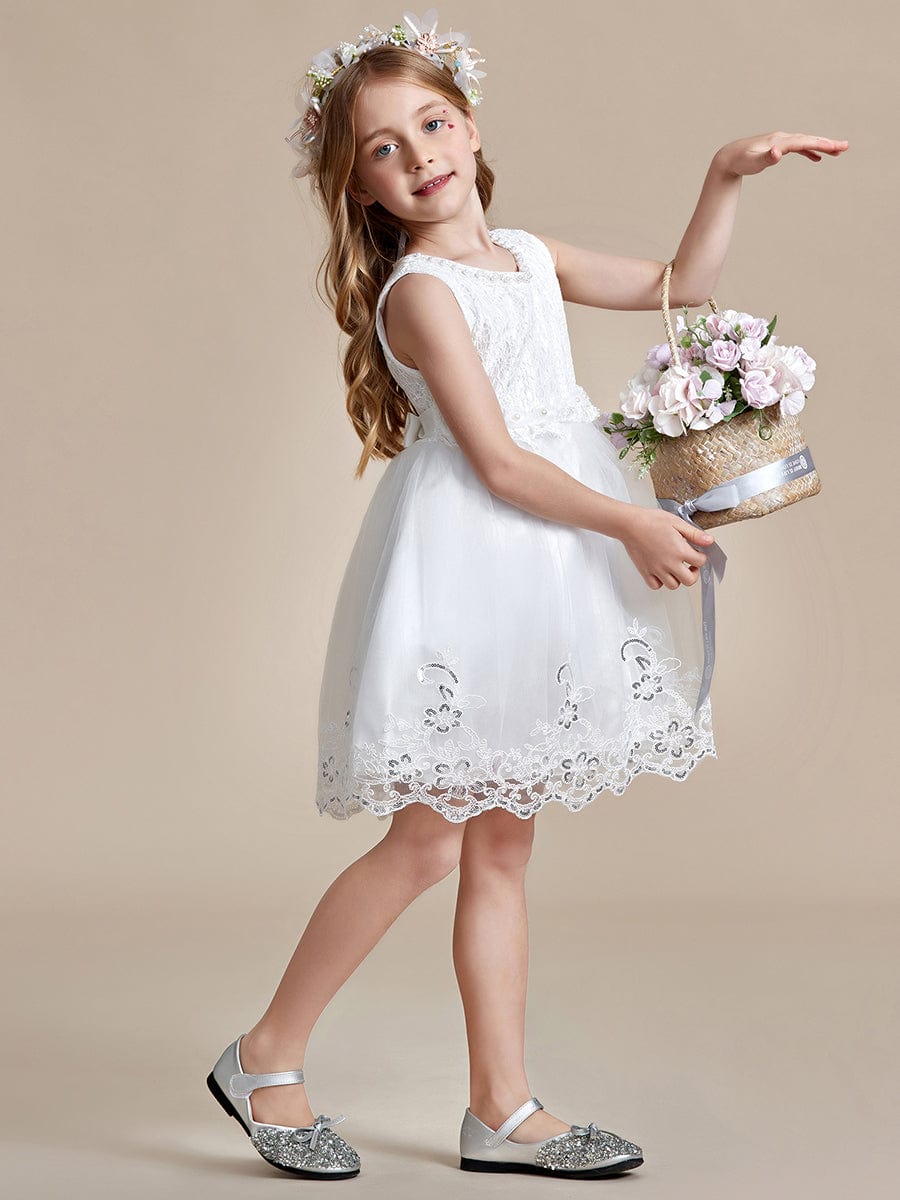 Beaded Lace Applique Sleeveless Flower Girl Dress With Back Bow-Knot #color_White