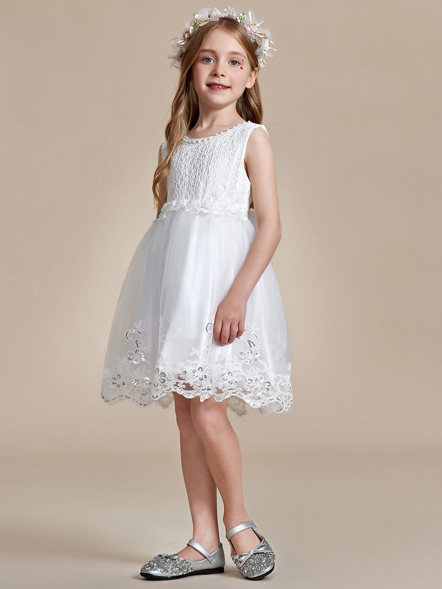 Beaded Lace Applique Sleeveless Flower Girl Dress With Back Bow-Knot #color_White