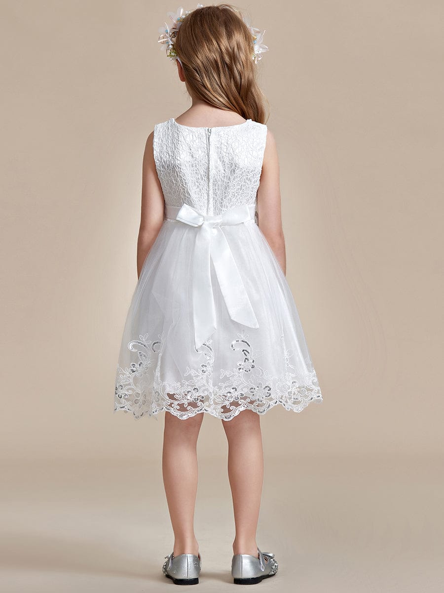 Beaded Lace Applique Sleeveless Flower Girl Dress With Back Bow-Knot #color_White