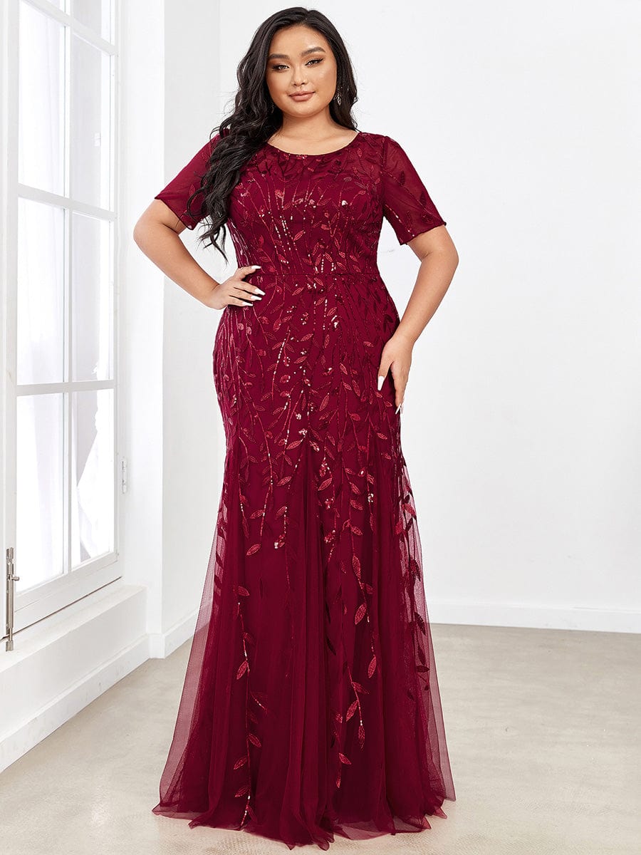 Plus Size Sequin Leaf Long Mermaid Tulle Prom Dress #color_Burgundy