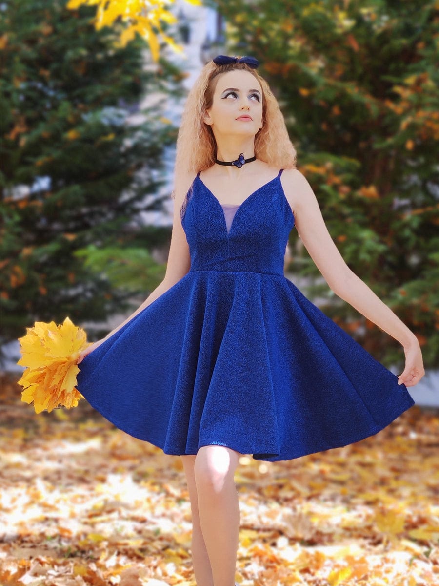 Fancy Shiny Deep V Neck Above Knee Length Prom Dress #color_Sapphire Blue